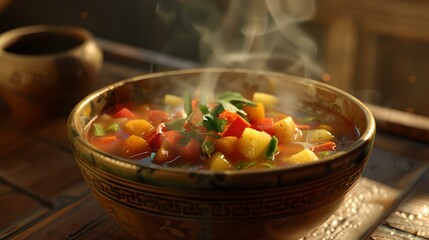 Steaming bowl of homemade vegetable soup in cozy setting. a comfort food concept. rustic kitchen scenery. AI