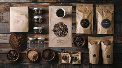 Coffee identity branding mockup set top view with retro filter effect 