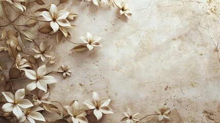 Vintage elegant floral beige background with clematis vines flowers with golden leaves and space for text, botanical backdrop in muted tones with copy space on grunge texture, top view, copy space
