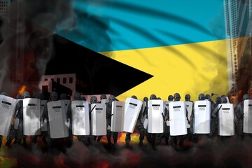 Bahamas protest fighting concept, police squad on city street are protecting peaceful people against riot - military 3D Illustration on flag background
