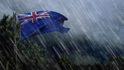 flag of New Zealand with rain and dark clouds, stormy weather symbol - nature 3D illustration