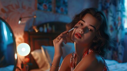 Fototapeta na wymiar Young woman applying makeup in dimly lit room. casual beauty routine. naturalistic style, intimate setting. AI