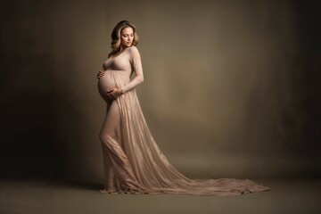 Elegant Pregnant Woman in Flowing Dress Posing Gracefully