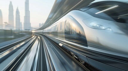 A close-up of the maglev train's sleek exterior, zipping through a futuristic cityscape