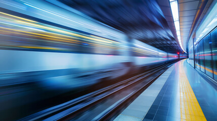 Long exposure of a subway train speeding through a brightly lit urban station at night.