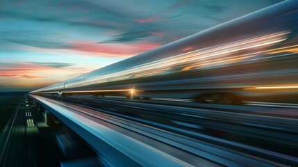 A high-speed train races through the countryside under a twilight sky, blurring the scenic landscape.