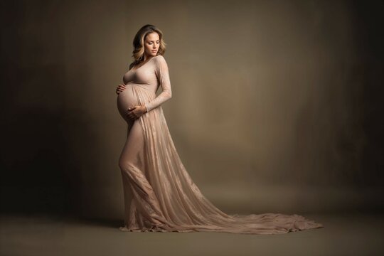 Elegant Pregnant Woman in Flowing Dress Posing Gracefully