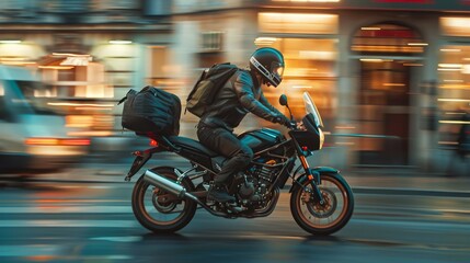 A motorbike rider with reflective gear rides through the city at night, with motion blur showcasing the speed.