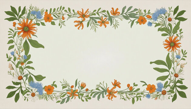 whimsical wildflower blossoms as a frame border, isolated with negative space for layouts