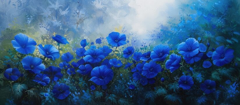 The painting depicts a field filled with blue flowers in full bloom. The vibrant blue petals stand out against the green foliage, creating a striking contrast. The flowers are scattered throughout the