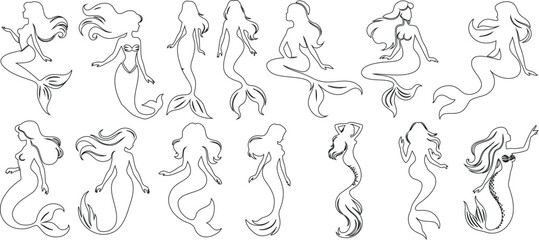 Mermaid line art collection, elegant mermaid in various poses, expressions. Perfect for tattoos, coloring books, fantasy mermaid illustrations. Showcasing elegance, aquatic mythical creature