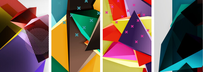 Trendy low poly 3d triangle shapes and other geometric elements background designs for wallpaper, business card, cover, poster, banner, brochure, header, website