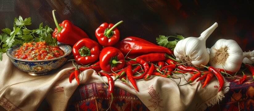 A painting depicting vibrant red peppers and pungent garlic arranged on a rustic wooden table. The salsa chili peppers and garlic are placed on a soft cloth, creating a visually striking composition.