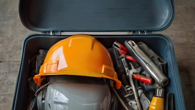 helmet and tools in the bucket 