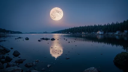 Papier Peint photo Lavable Pleine lune 満月の夜の海