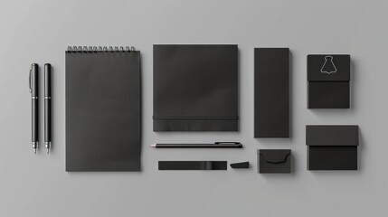 Mockup business brand template on gray background. Set of stationery with a black notepad. 