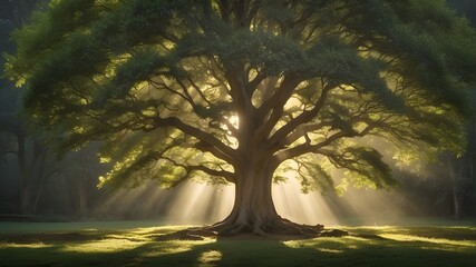 sun rays in the forest, Sunbeams pierce through dense foliage, spotlighting the stoic beauty of an age-old tree - obrazy, fototapety, plakaty