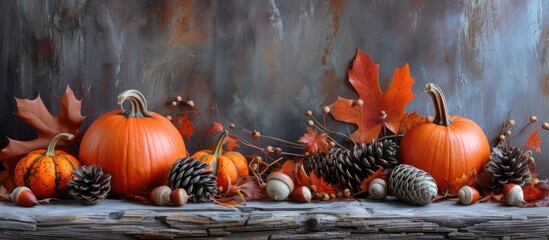 A detailed painting depicting an autumn-themed arrangement of pumpkins, pine cones, acorns, and leaves on a wooden table. The pumpkins are prominently displayed alongside assorted pine cones, creating