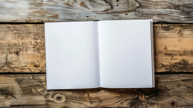 Photo blank. Open square format brochure on a wooden table 