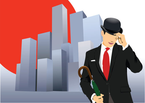 London gentleman in hat on town background. Vector 3d hand drawn illustration