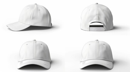 White baseball cap in four different angles views. Mock up. 