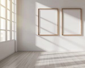 Two clean and streamlined wooden frame blank mockups mounted on a white wall, illuminated by natural sunlight from the side, featuring an organic texture and bright photography setting.