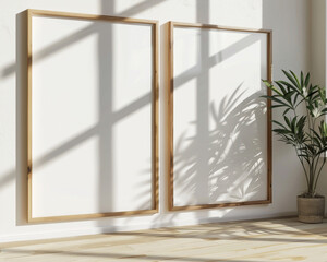 Two clean and streamlined wooden frame blank mockups mounted on a white wall, illuminated by natural sunlight from the side, featuring an organic texture and bright photography setting.