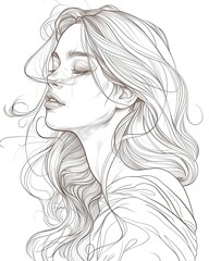 A detailed and delicate line art of a young woman with flowing hair