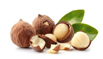 The fresh macadamia nuts with leaf isolated on white background