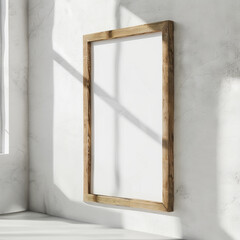 A clean and streamlined 8x10 wooden frame mockup, mounted on a white wall with natural sunlight streaming in, featuring an organic texture and bright photo quality.