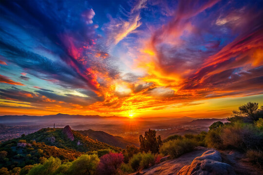 Sunset Overlook, Vibrant hues painting the sky as the sun dips below the horizon.
