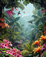 Obraz na płótnie Canvas A lush rainforest scene with towering trees, exotic flowers, and colorful birds flying around