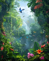 A lush rainforest scene with towering trees, exotic flowers, and colorful birds flying around