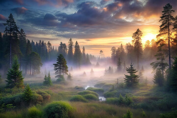 Misty Morning, Ethereal fog enveloping tranquil forest scenery at dawn.
 - obrazy, fototapety, plakaty