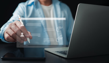 Businessman chatting with a smart AI using an artificial intelligence chatbot developed by OpenAI, Artificial intelligence system support is the future, Chat with AI.