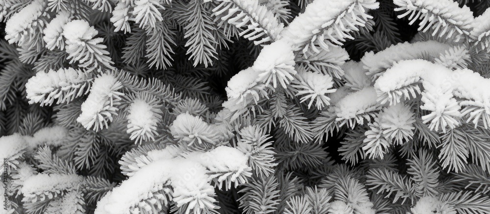 Poster pine needles covered in a thick layer of snow in a monochrome setting, creating a stark contrast bet