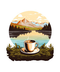 Coffee Cup Mountain Tshirt Design PNG Files Print for White Background