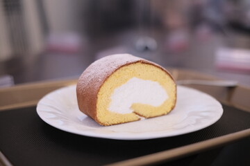 Japanese roll cake, close up japanese roll cake in dish

