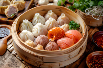 Dim Sum dumplings in bamboo basket on wooden table background
