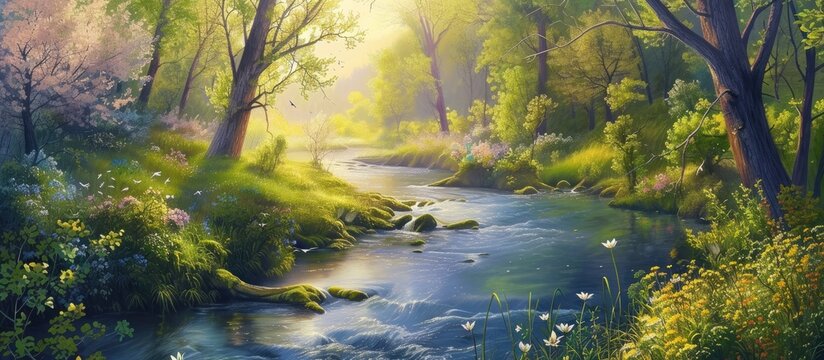 A vibrant spring scene depicting a river winding its way through a dense forest. The lush greenery of the trees contrasts with the flowing water, creating a harmonious natural landscape.