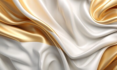 Beautiful white golden silk satin luxury cloth with drapery and wavy folds background of black silk satin material texture.Abstract 3D luxurious fabric background