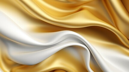 Beautiful white golden silk satin luxury cloth with drapery and wavy folds background of black silk satin material texture.Abstract 3D luxurious fabric background