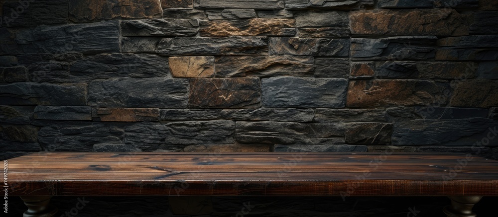 Poster a wooden table is placed in front of a solid stone wall. the table appears to be empty, possibly in 