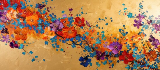 A detailed oil painting of colorful flowers adorning a wall, featuring abstract brushstroke techniques and hints of gold. This artwork adds a lively and dynamic touch to any space.