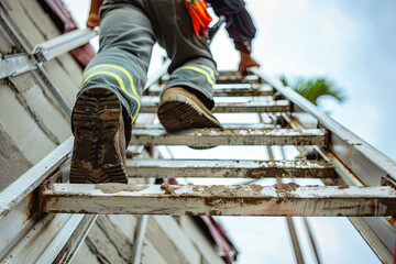 A construction worker climbing a ladder to work on a roof