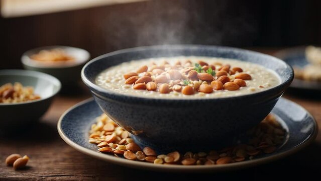 a bowl of porridge topped with peanuts