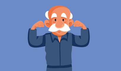 Strong Elderly Man Flexing Muscles Vector Cartoon Design. Healthy pensioner feeling powerful and energetic 