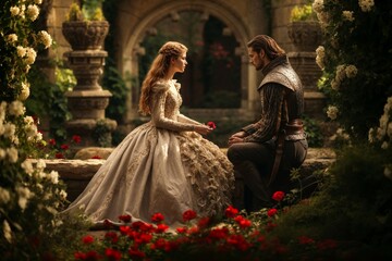 Renaissance Garden Encounter Between Noble Pair