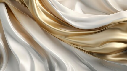 Beautiful golden white silk satin luxury cloth with drapery and wavy folds background of black silk satin material texture.Abstract 3D luxurious fabric background