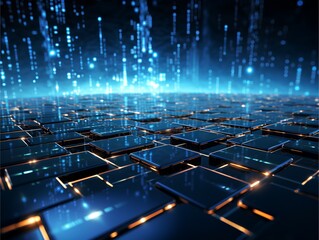Fototapeta premium Futuristic fiber optics technology background with blue light spots